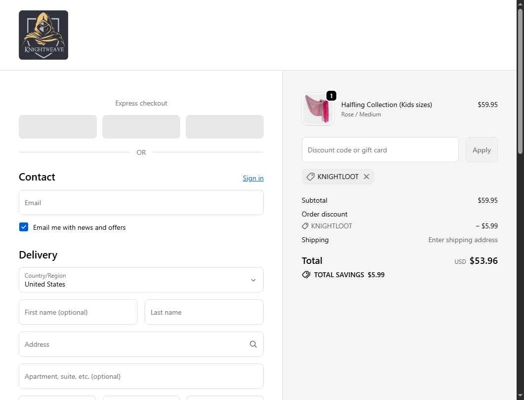 Knightweave checkout page showing Knightweave discount code box | Screenshot taken by SimplyCodes community member on Dec 27, 2025