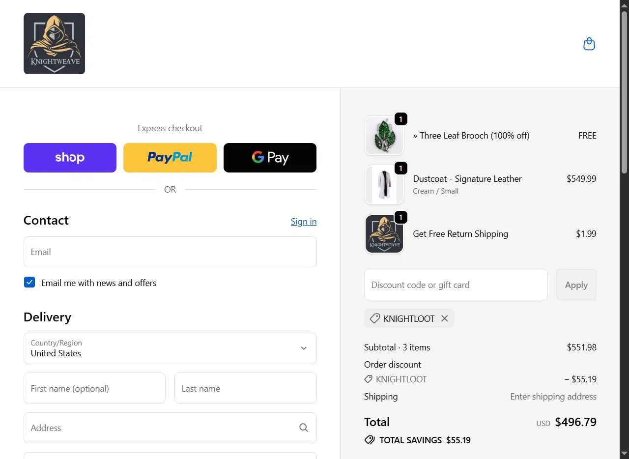 Knightweave checkout page showing Knightweave discount code box | Screenshot taken by SimplyCodes community member on Jan 25, 2026