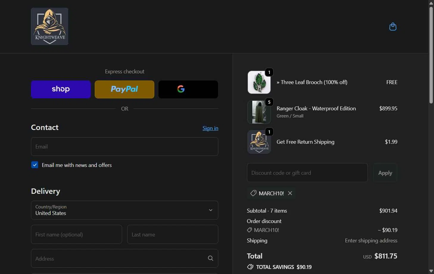 Knightweave checkout page showing Knightweave discount code box | Screenshot taken by SimplyCodes community member on Dec 6, 2025