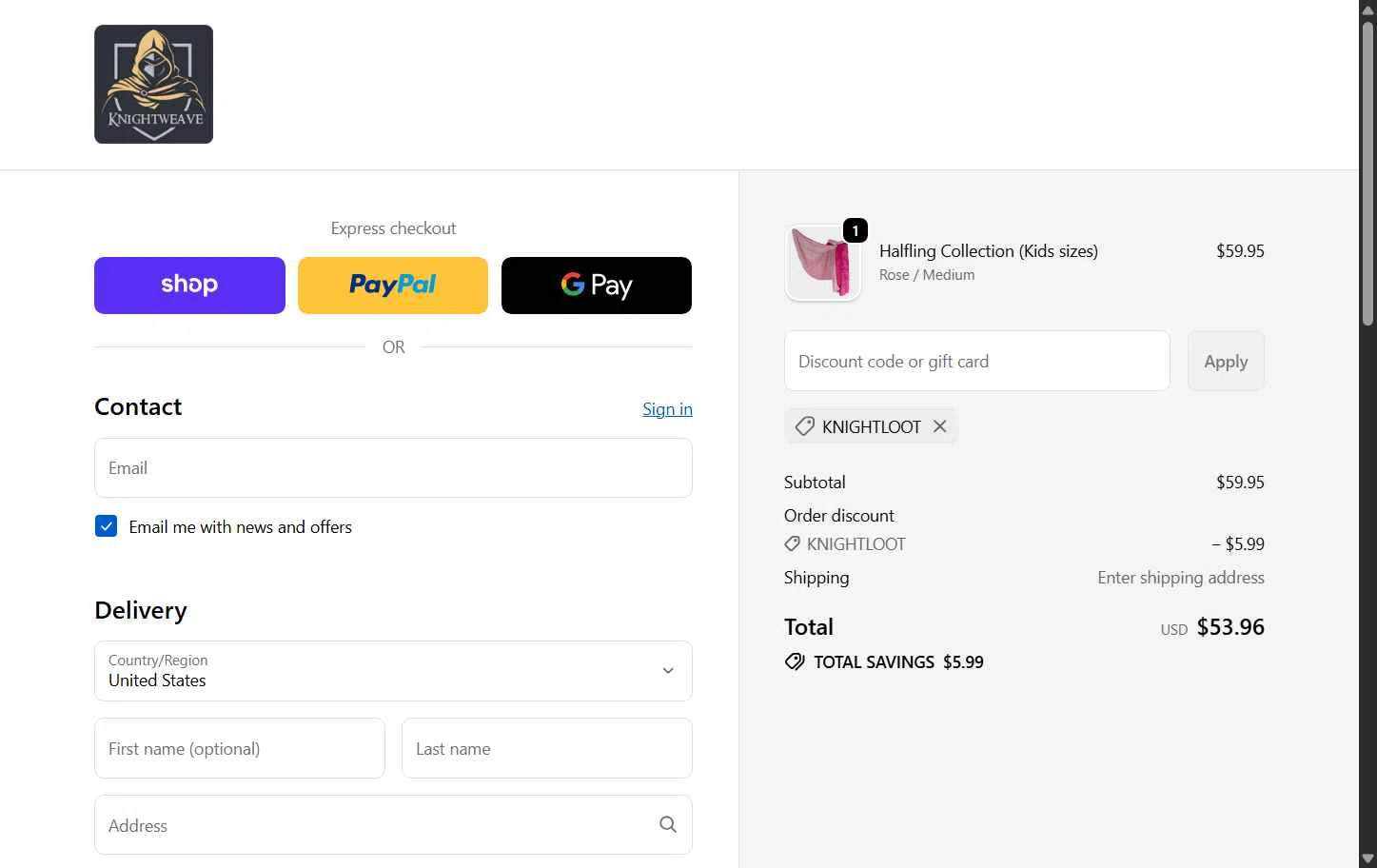 Knightweave checkout page showing Knightweave discount code box | Screenshot taken by SimplyCodes community member on Nov 28, 2025