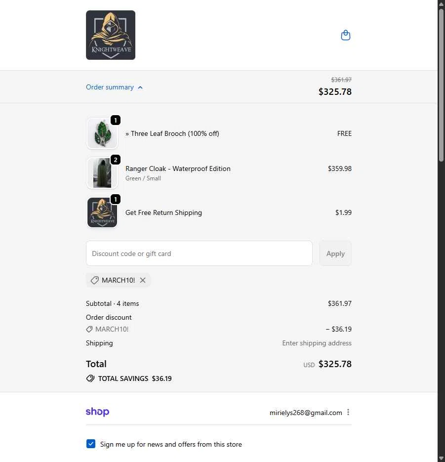 Knightweave checkout page showing Knightweave discount code box | Screenshot taken by SimplyCodes community member on Nov 7, 2025