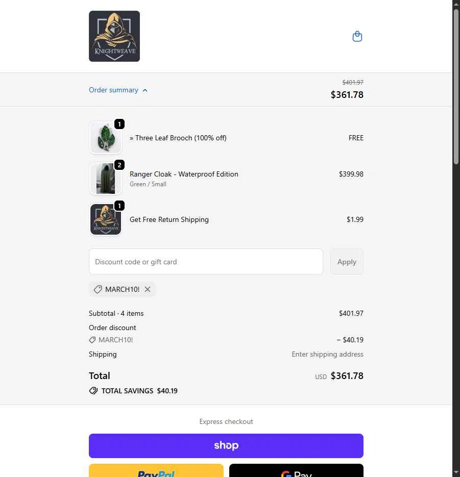 Knightweave checkout page showing Knightweave discount code box | Screenshot taken by SimplyCodes community member on Feb 10, 2026