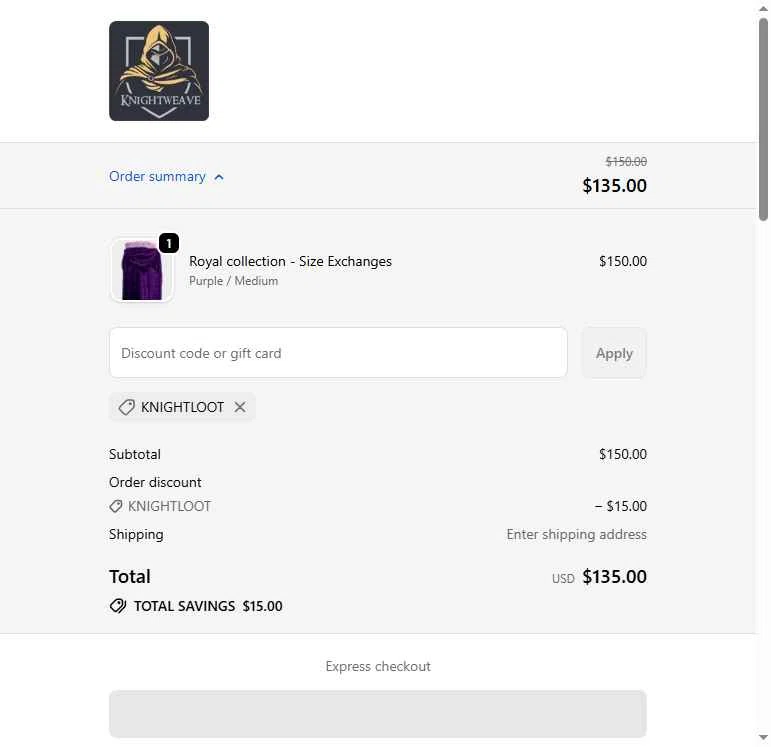 Knightweave checkout page showing Knightweave discount code box | Screenshot taken by SimplyCodes community member on Feb 4, 2026