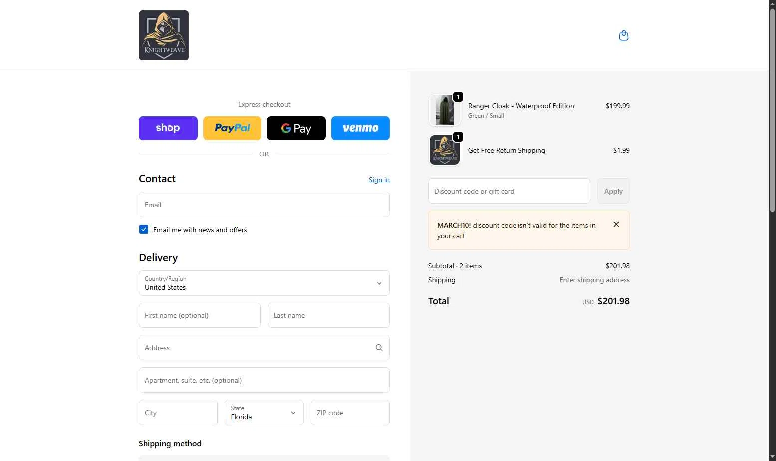 Knightweave checkout page showing Knightweave discount code box | Screenshot taken by SimplyCodes community member on Jan 29, 2026