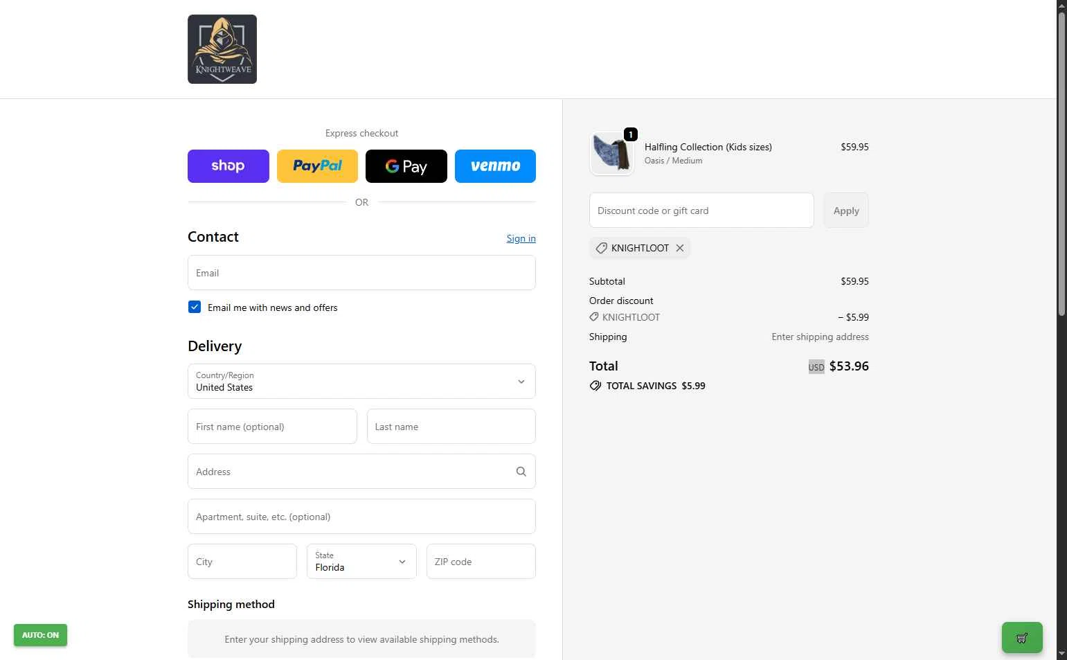 Knightweave checkout page showing Knightweave discount code box | Screenshot taken by SimplyCodes community member on Oct 30, 2025