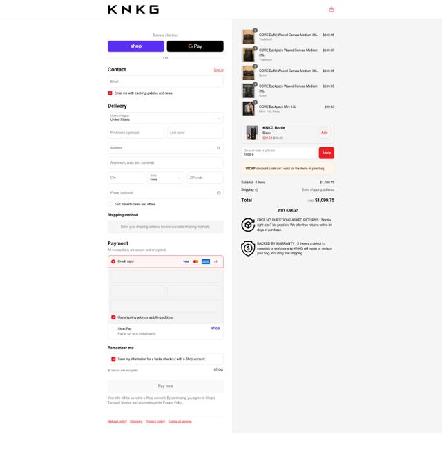 KNKG checkout page showing KNKG discount code box | Screenshot taken by SimplyCodes community member on Sep 11, 2025