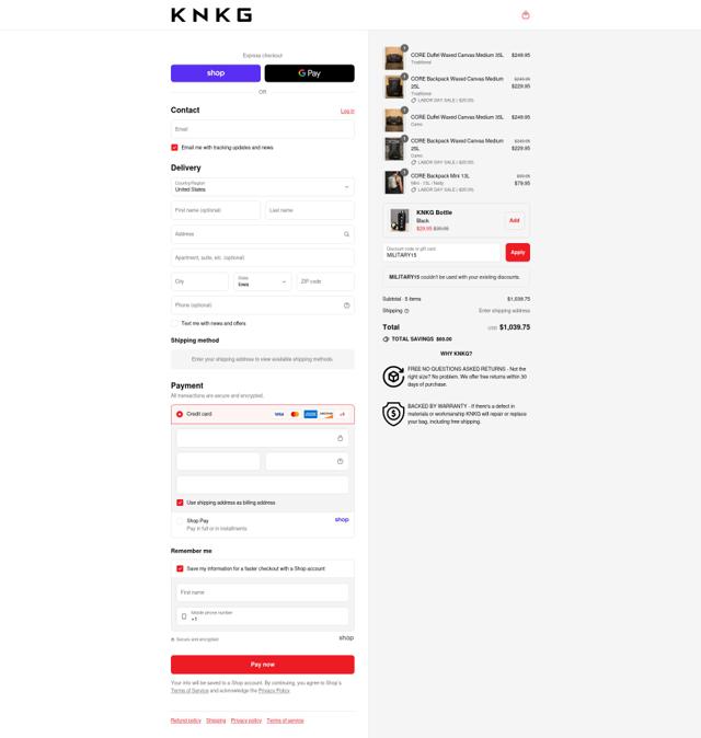 KNKG checkout page showing KNKG discount code box | Screenshot taken by SimplyCodes community member on Aug 29, 2025