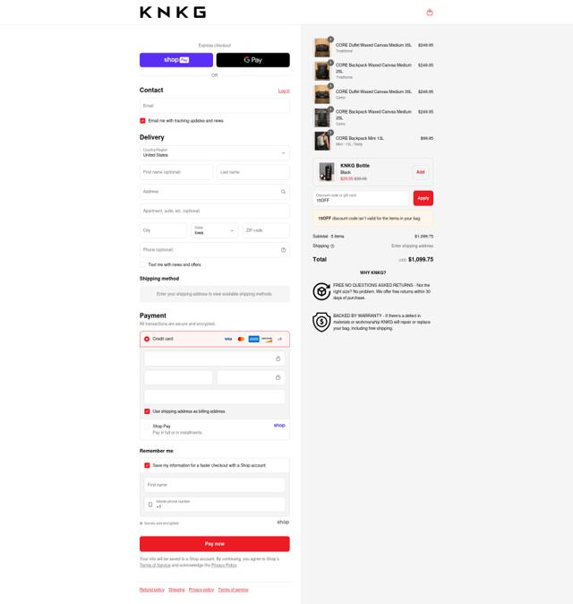 KNKG checkout page showing KNKG discount code box | Screenshot taken by SimplyCodes community member on Aug 25, 2025