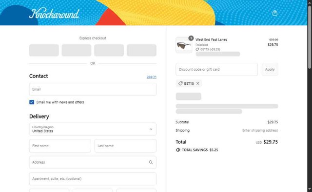 Knockaround checkout page showing Knockaround discount code box | Screenshot taken by SimplyCodes community member on Jul 29, 2025