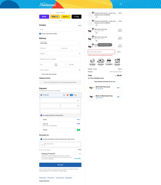 Knockaround checkout page showing Knockaround discount code box | Screenshot taken by SimplyCodes community member on Aug 29, 2025