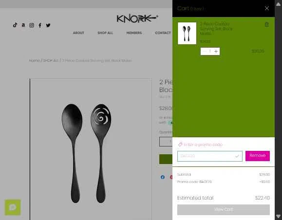 Knork Flatware checkout page showing Knork Flatware promo code box | Screenshot taken by SimplyCodes community member on Jan 10, 2026