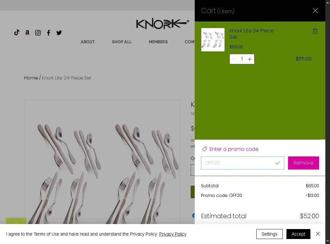 Knork Flatware checkout page showing Knork Flatware promo code box | Screenshot taken by SimplyCodes community member on Dec 31, 2025