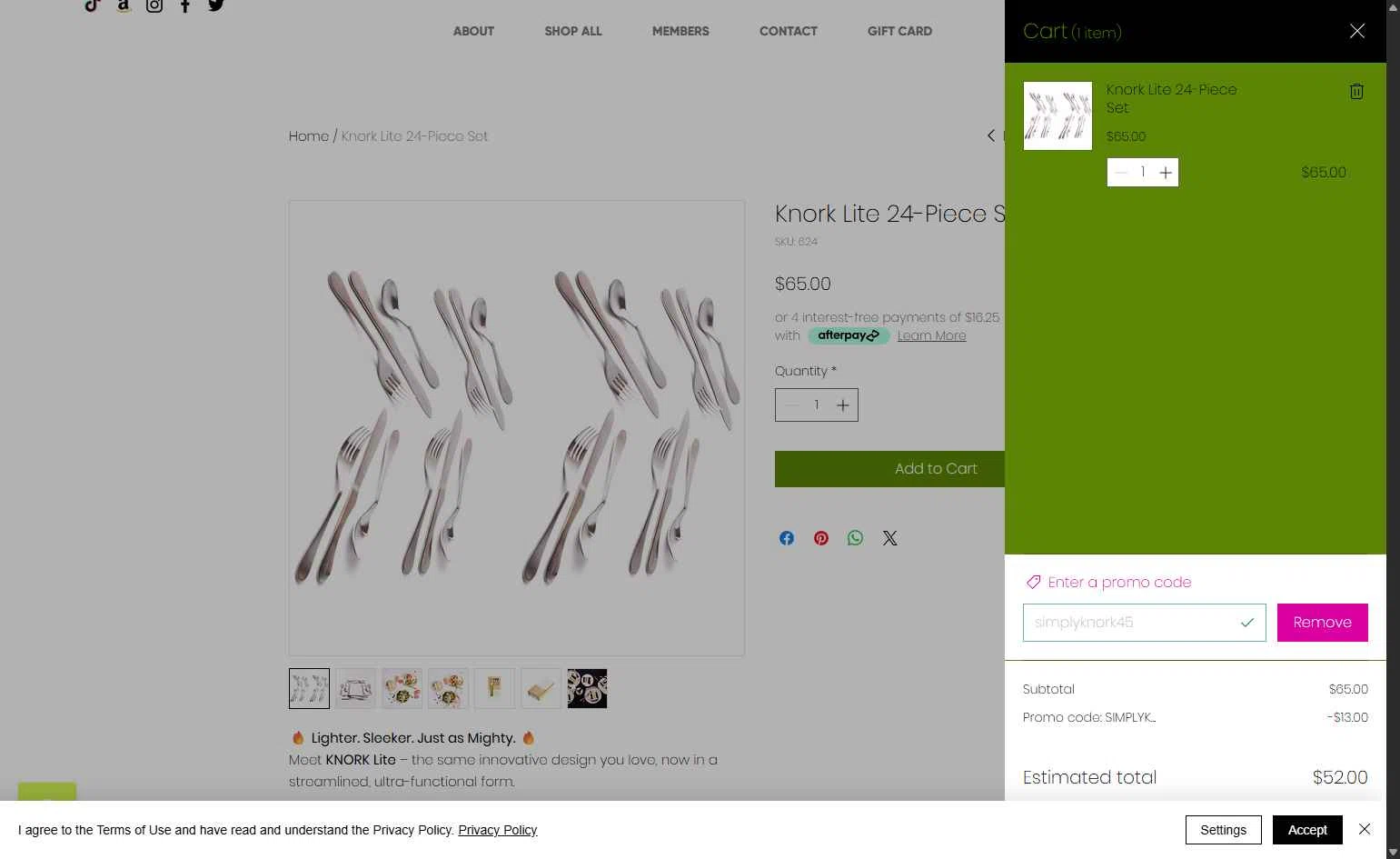 Knork Flatware checkout page showing Knork Flatware promo code box | Screenshot taken by SimplyCodes community member on Jan 8, 2026