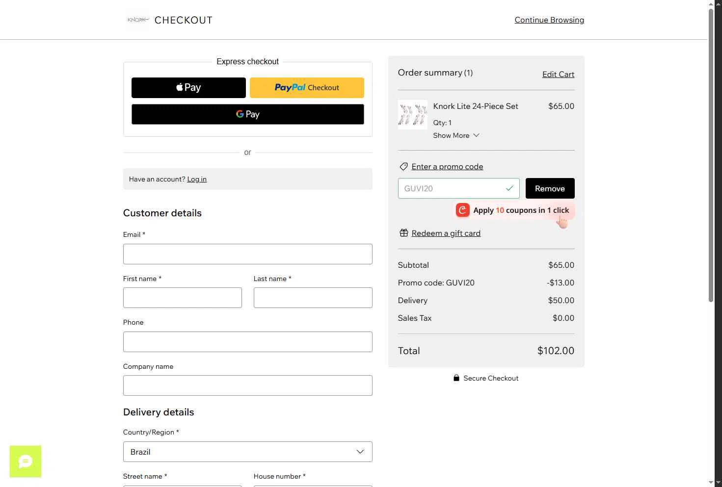 Knork Flatware checkout page showing Knork Flatware promo code box | Screenshot taken by SimplyCodes community member on Dec 31, 2025
