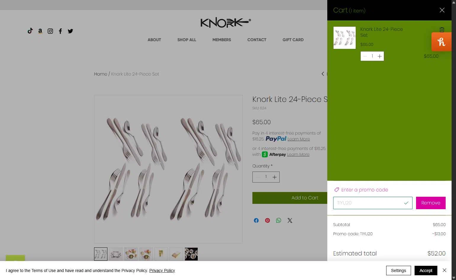 Knork Flatware checkout page showing Knork Flatware promo code box | Screenshot taken by SimplyCodes community member on Jan 6, 2026