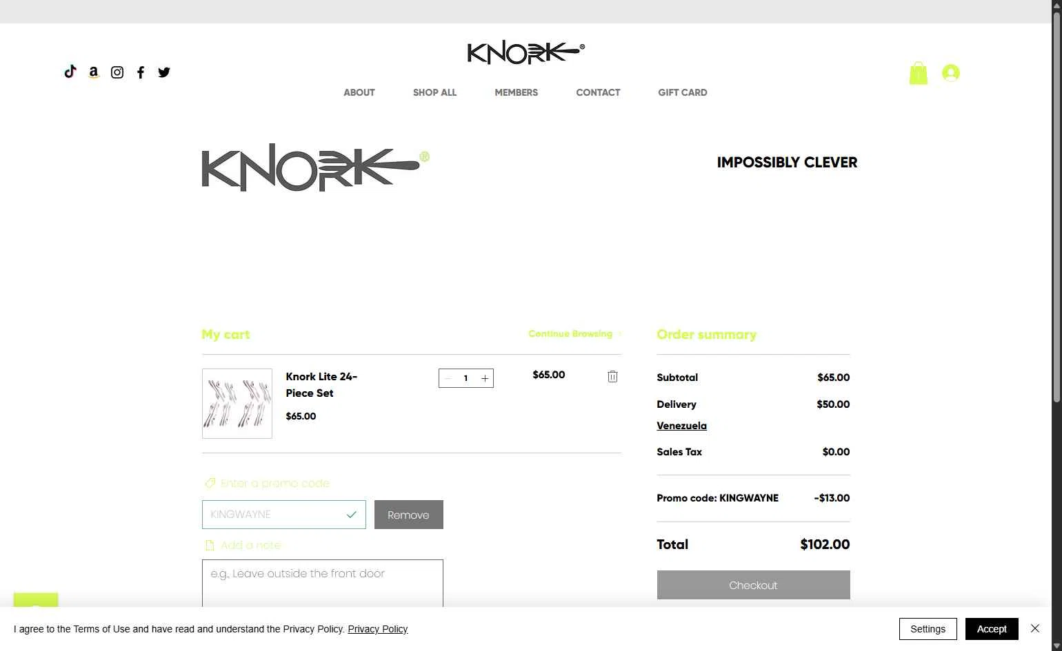 Knork Flatware checkout page showing Knork Flatware promo code box | Screenshot taken by SimplyCodes community member on Dec 30, 2025