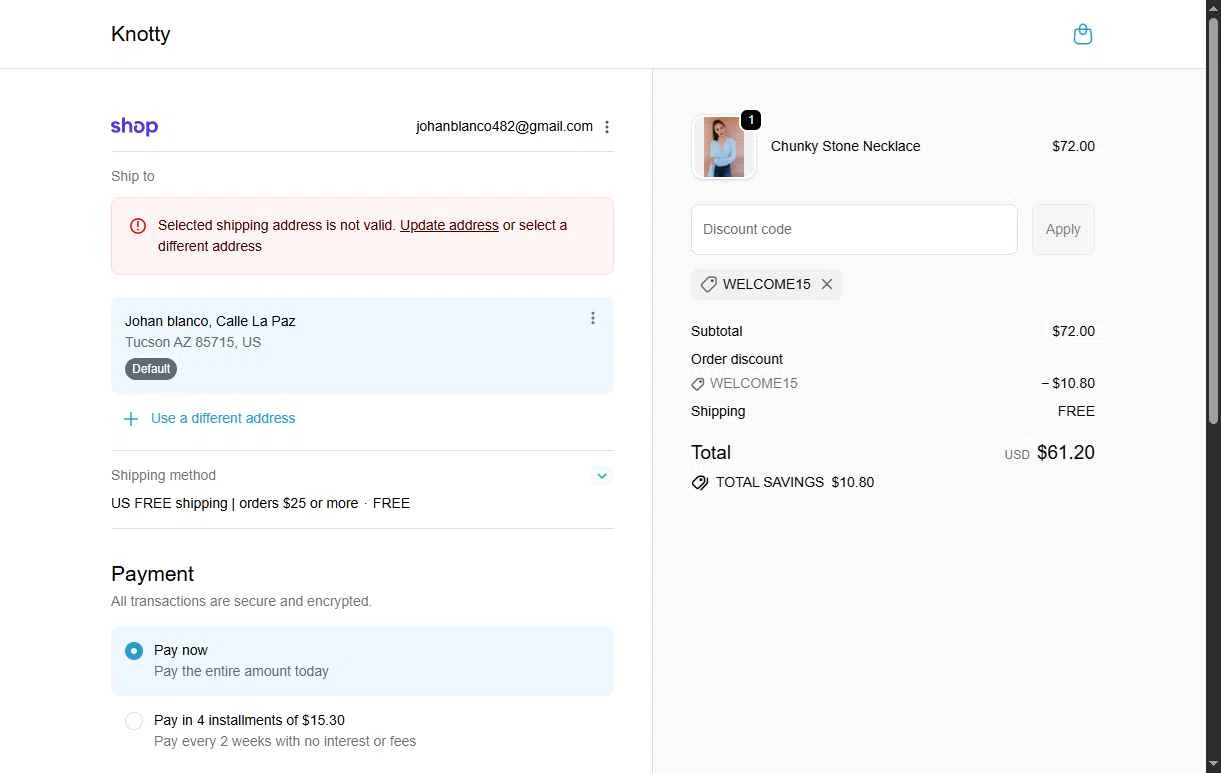 Knotty checkout page showing Knotty discount code box | Screenshot taken by SimplyCodes community member on Feb 8, 2026