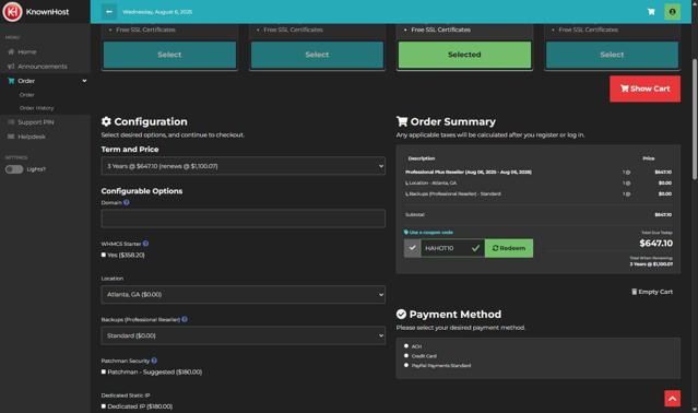 KnownHost checkout page showing KnownHost coupon code box | Screenshot taken by SimplyCodes community member on Aug 6, 2025