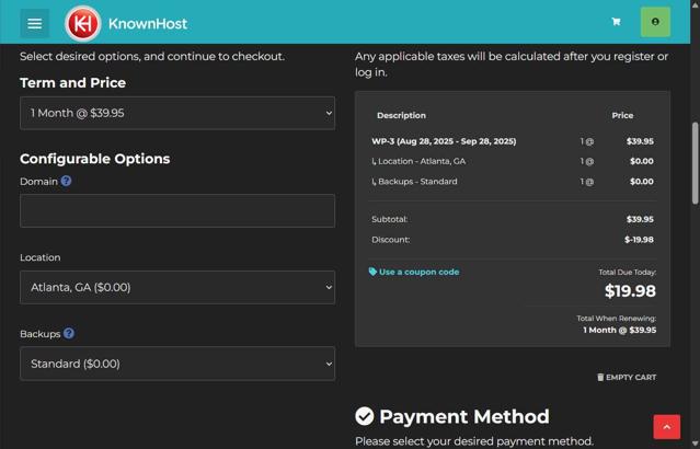 KnownHost checkout page showing KnownHost coupon code box | Screenshot taken by SimplyCodes community member on Aug 28, 2025