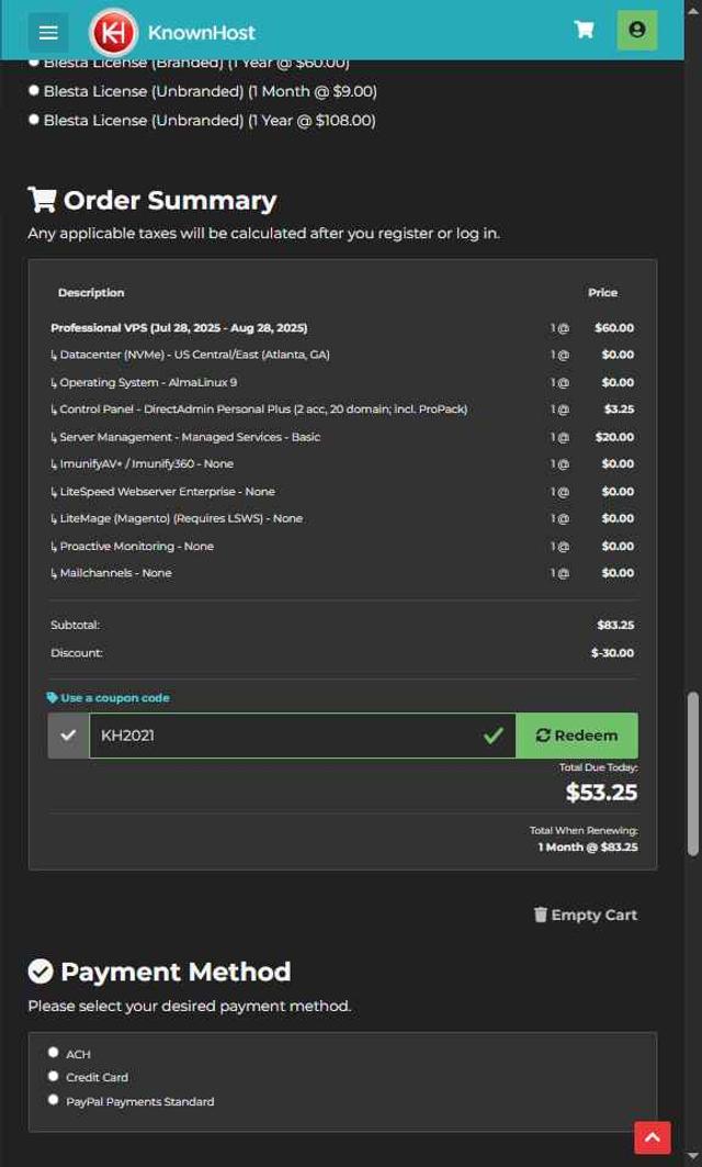 KnownHost checkout page showing KnownHost coupon code box | Screenshot taken by SimplyCodes community member on Jul 28, 2025