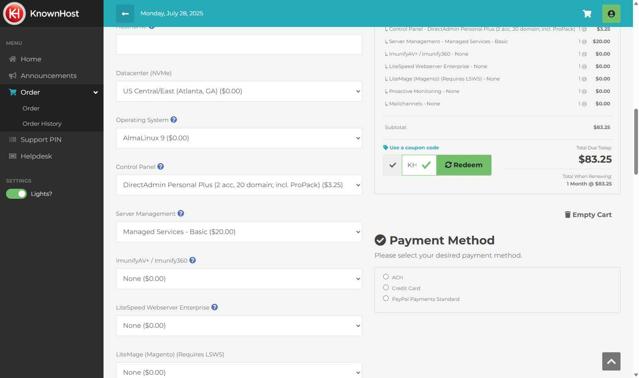 KnownHost checkout page showing KnownHost coupon code box | Screenshot taken by SimplyCodes community member on Jul 28, 2025