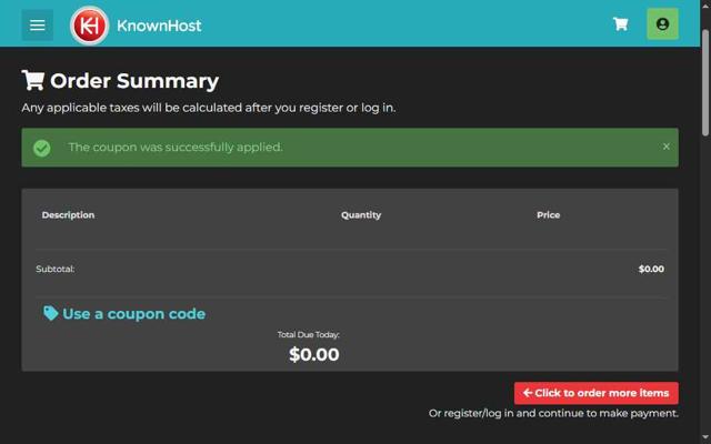KnownHost checkout page showing KnownHost coupon code box | Screenshot taken by SimplyCodes community member on Aug 6, 2025