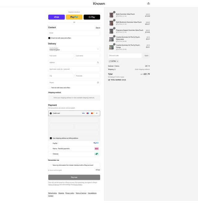 Known Nutrition checkout page showing Known Nutrition discount code box | Screenshot taken by SimplyCodes community member on Sep 10, 2025