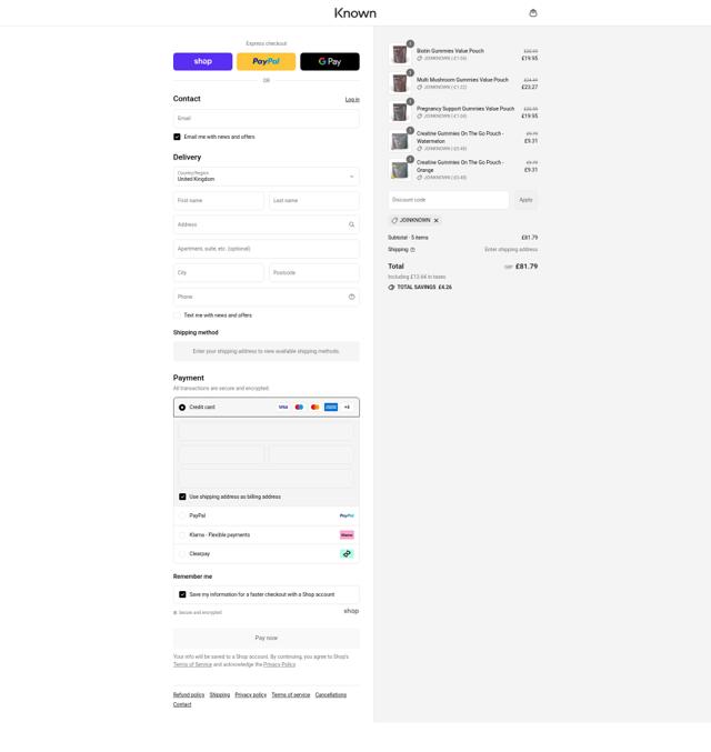 Known Nutrition checkout page showing Known Nutrition discount code box | Screenshot taken by SimplyCodes community member on Sep 6, 2025