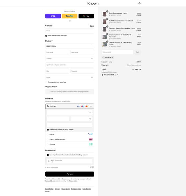 Known Nutrition checkout page showing Known Nutrition discount code box | Screenshot taken by SimplyCodes community member on Sep 10, 2025