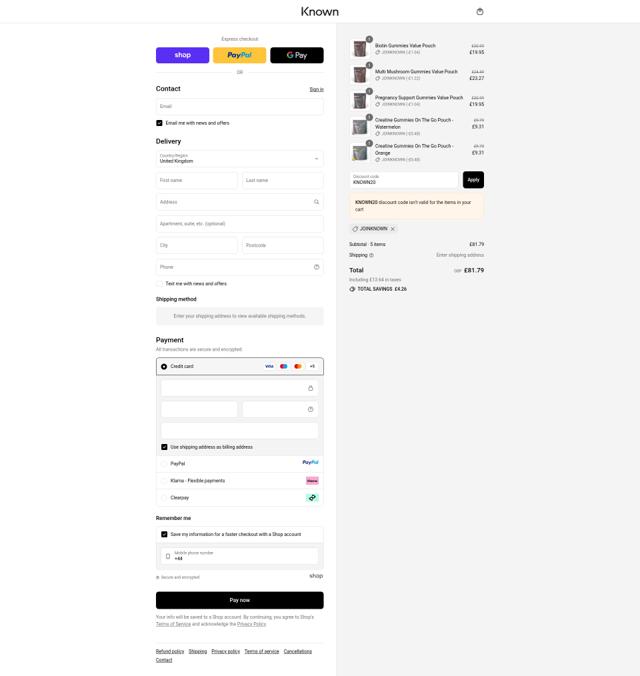 Known Nutrition checkout page showing Known Nutrition discount code box | Screenshot taken by SimplyCodes community member on Sep 10, 2025