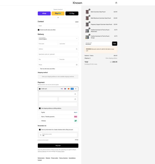 Known Nutrition checkout page showing Known Nutrition discount code box | Screenshot taken by SimplyCodes community member on Sep 6, 2025