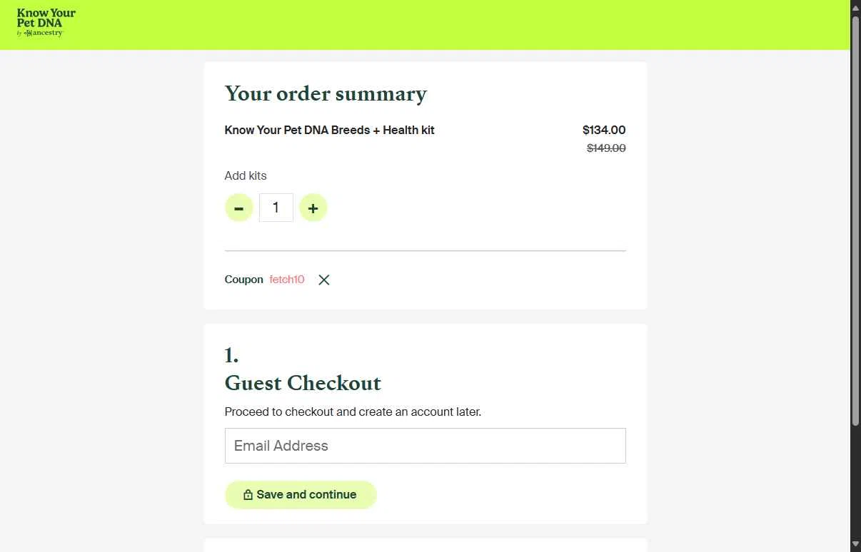 Know Your Pet DNA by Ancestry checkout page showing Know Your Pet DNA by Ancestry promo code box | Screenshot taken by SimplyCodes community member on Oct 6, 2025