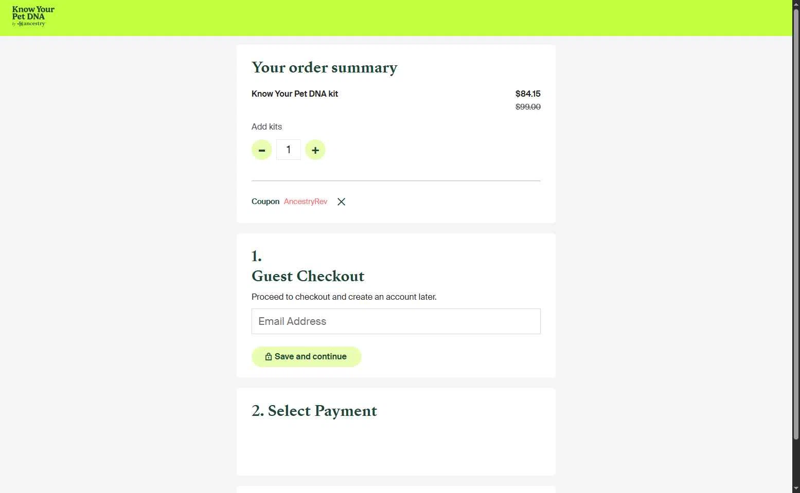Know Your Pet DNA by Ancestry checkout page showing Know Your Pet DNA by Ancestry promo code box | Screenshot taken by SimplyCodes community member on Nov 4, 2025
