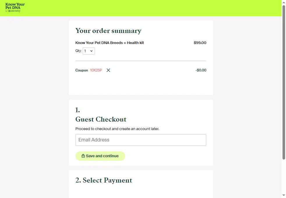 Know Your Pet DNA by Ancestry checkout page showing Know Your Pet DNA by Ancestry promo code box | Screenshot taken by SimplyCodes community member on Dec 28, 2025