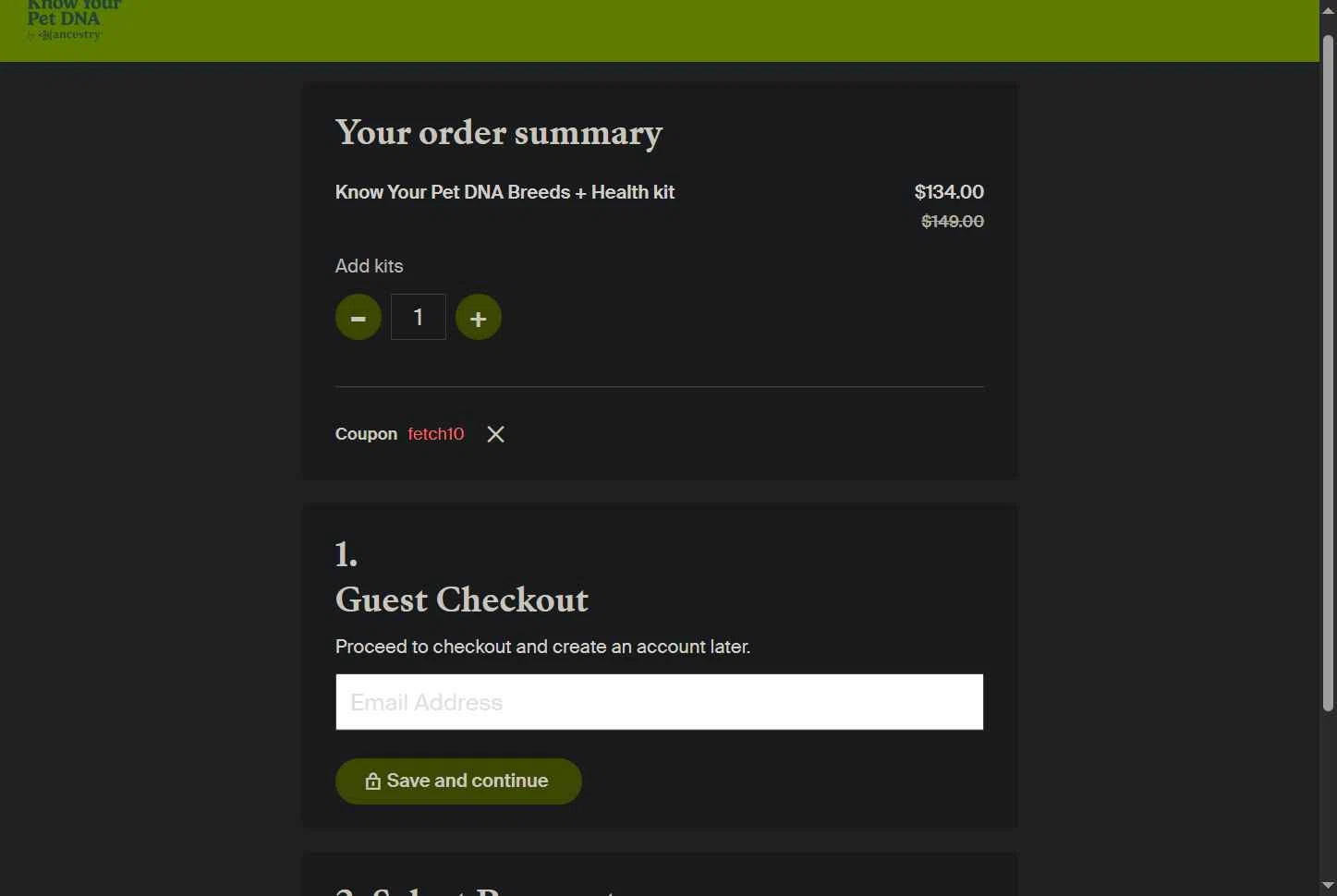 Know Your Pet DNA by Ancestry checkout page showing Know Your Pet DNA by Ancestry promo code box | Screenshot taken by SimplyCodes community member on Oct 6, 2025