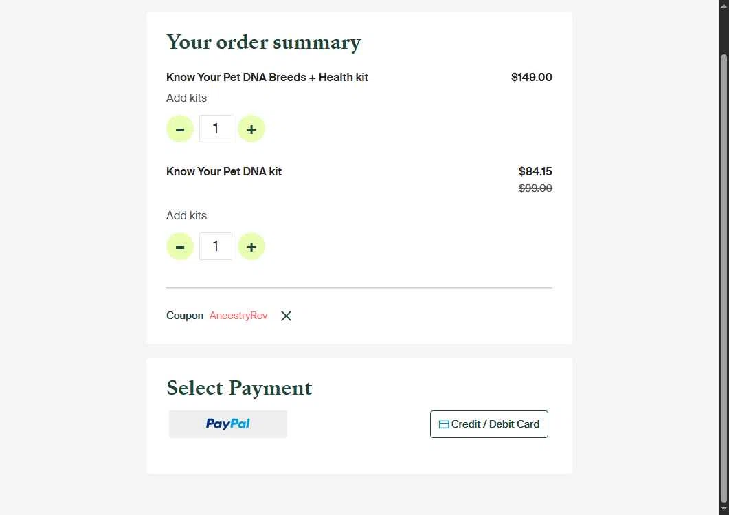 Know Your Pet DNA by Ancestry checkout page showing Know Your Pet DNA by Ancestry promo code box | Screenshot taken by SimplyCodes community member on Sep 25, 2025