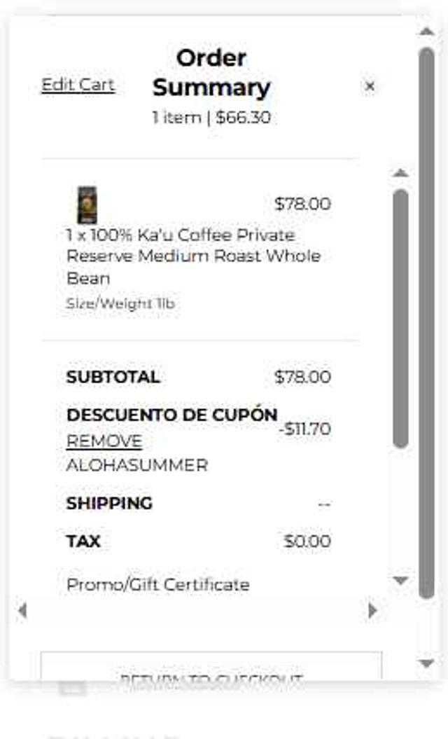 Koa Coffee checkout page showing Koa Coffee promo code box | Screenshot taken by SimplyCodes community member on Jul 29, 2025