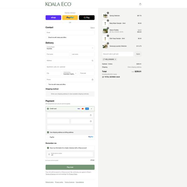 Koala Eco AU checkout page showing Koala Eco AU promo code box | Screenshot taken by SimplyCodes community member on Sep 14, 2025