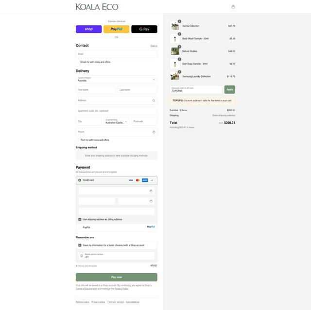 Koala Eco AU checkout page showing Koala Eco AU promo code box | Screenshot taken by SimplyCodes community member on Sep 14, 2025