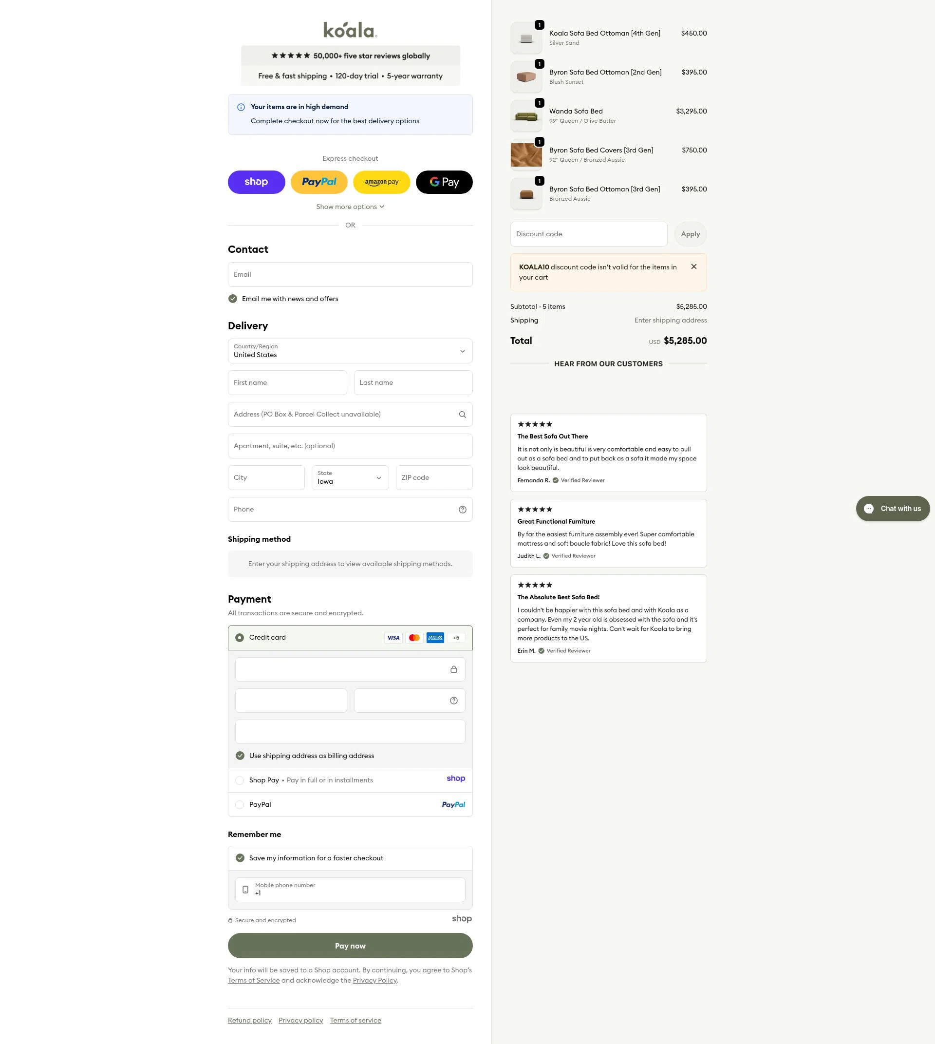 Koala US checkout page showing Koala US promo code box | Screenshot taken by SimplyCodes community member on Dec 30, 2025