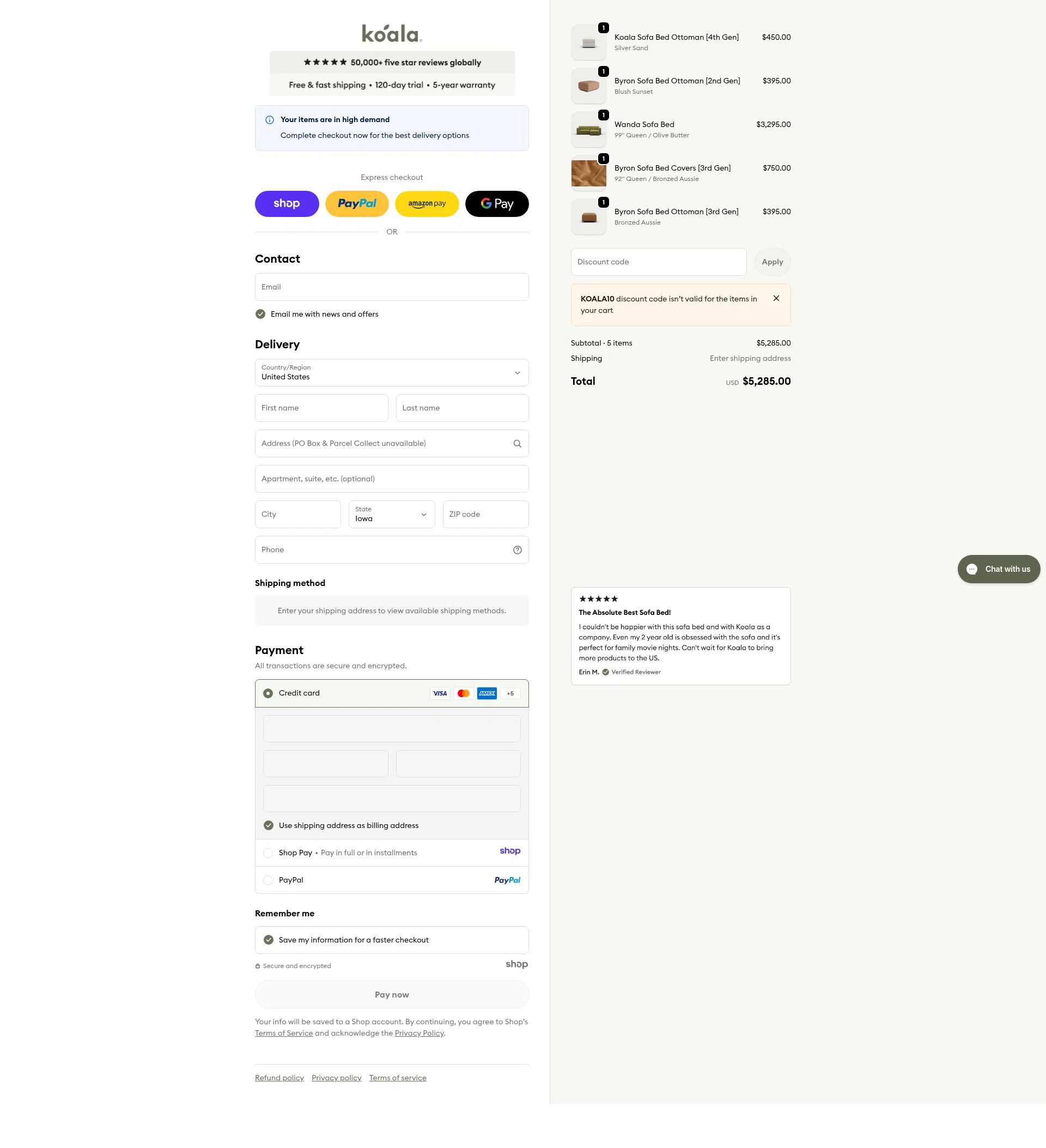 Koala US checkout page showing Koala US promo code box | Screenshot taken by SimplyCodes community member on Jan 4, 2026