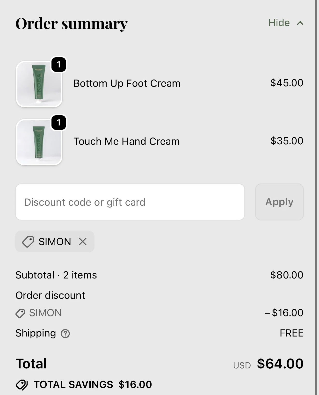 KOBA skincare promo code screenshot showing code SIMON applied at KOBA skincare checkout page. Uploaded by SimplyCodes community member JackR3 on Dec 30, 2025