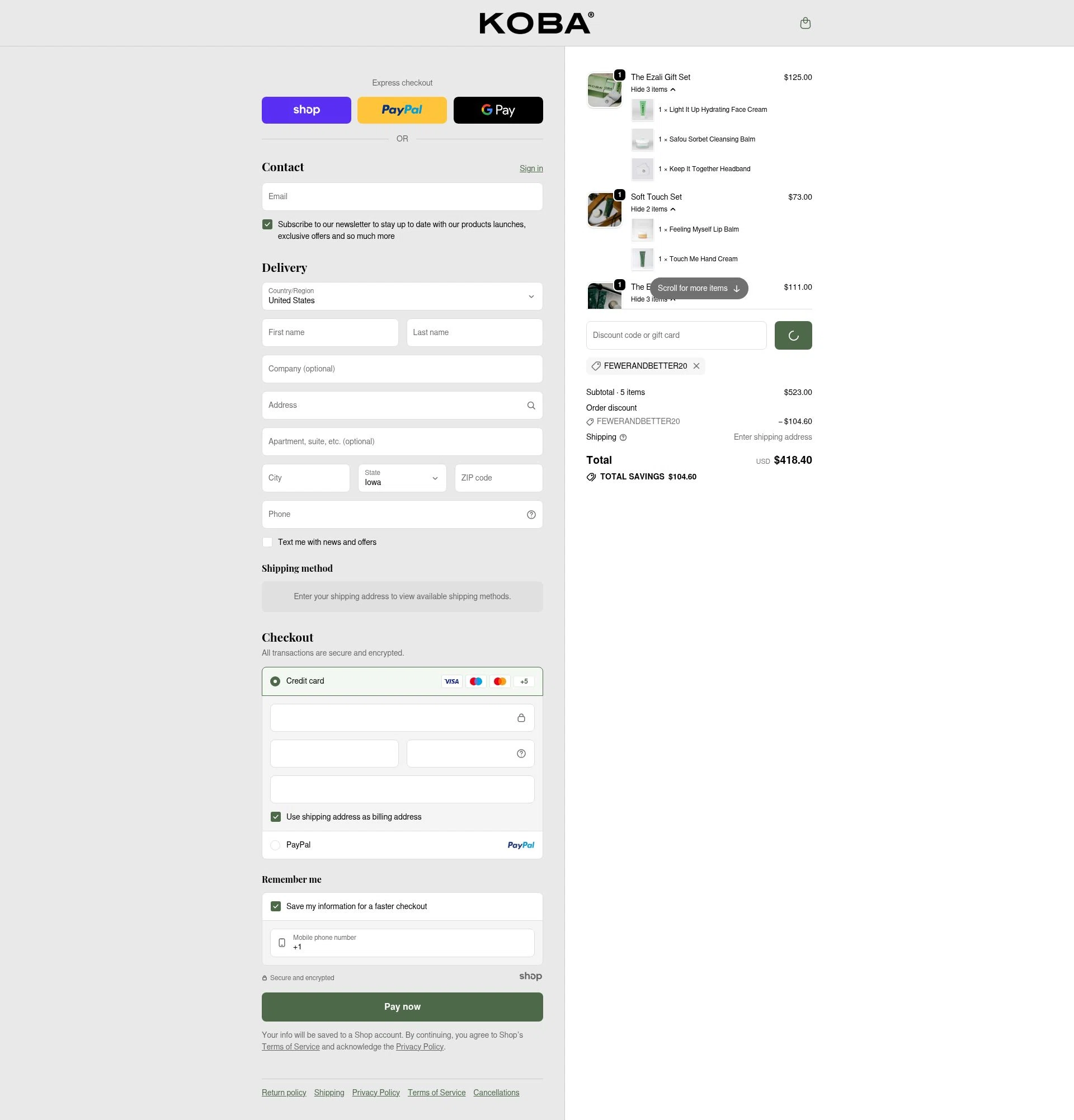 KOBA skincare checkout page showing KOBA skincare promo code box | Screenshot taken by SimplyCodes community member on Dec 29, 2025