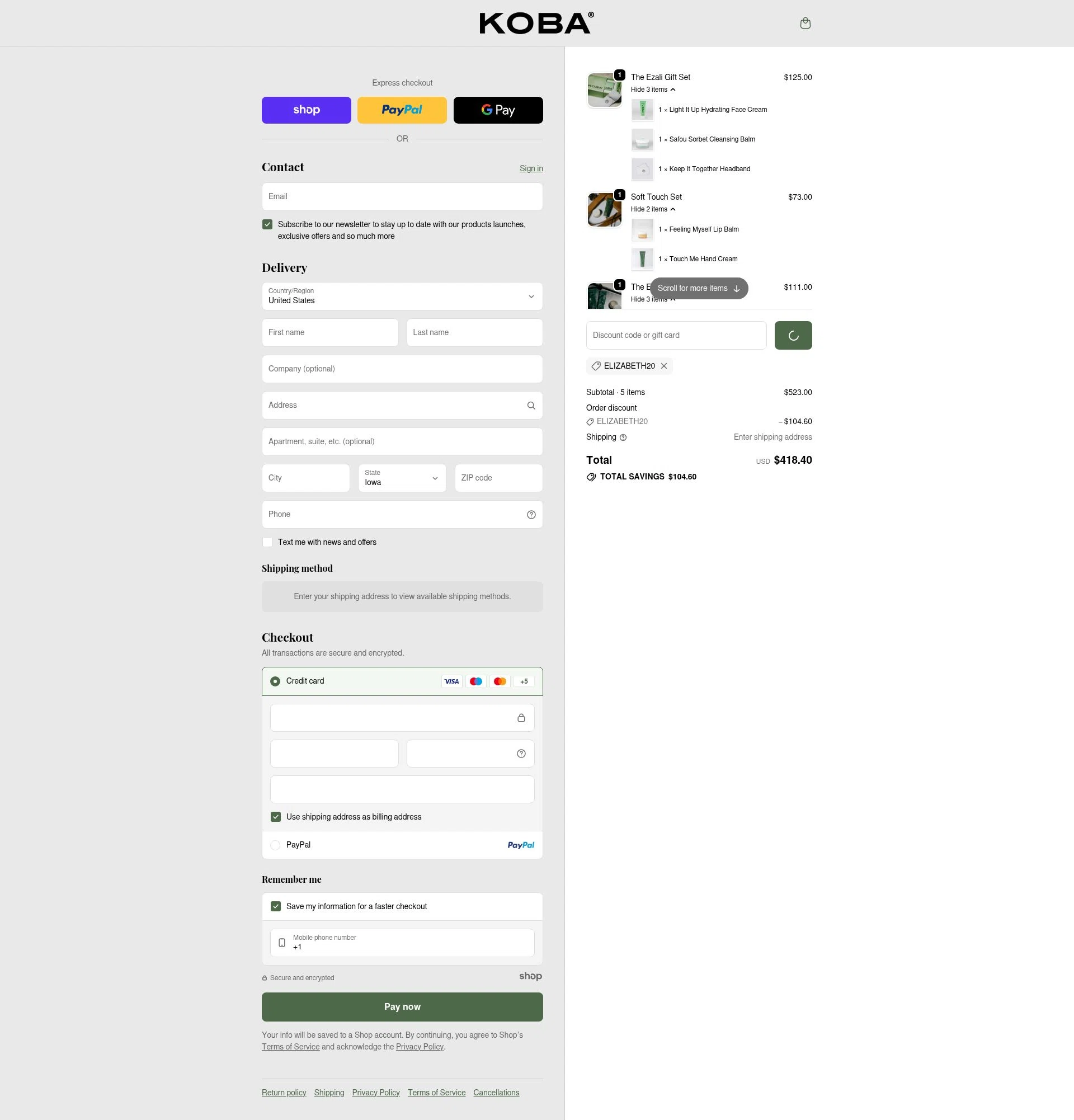 KOBA skincare checkout page showing KOBA skincare promo code box | Screenshot taken by SimplyCodes community member on Dec 29, 2025