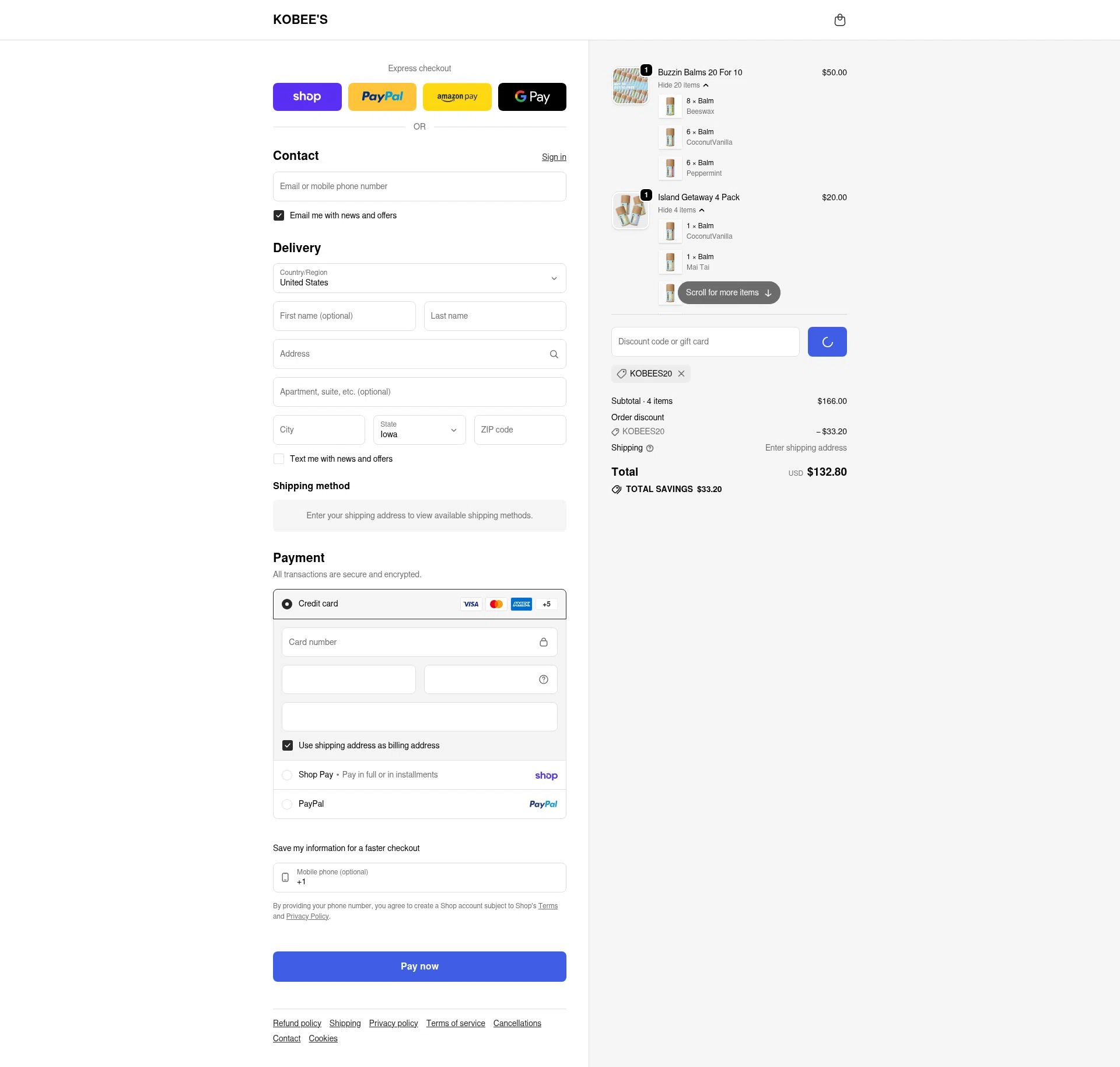 KOBEE'S checkout page showing KOBEE'S coupon code box | Screenshot taken by SimplyCodes community member on Feb 19, 2026