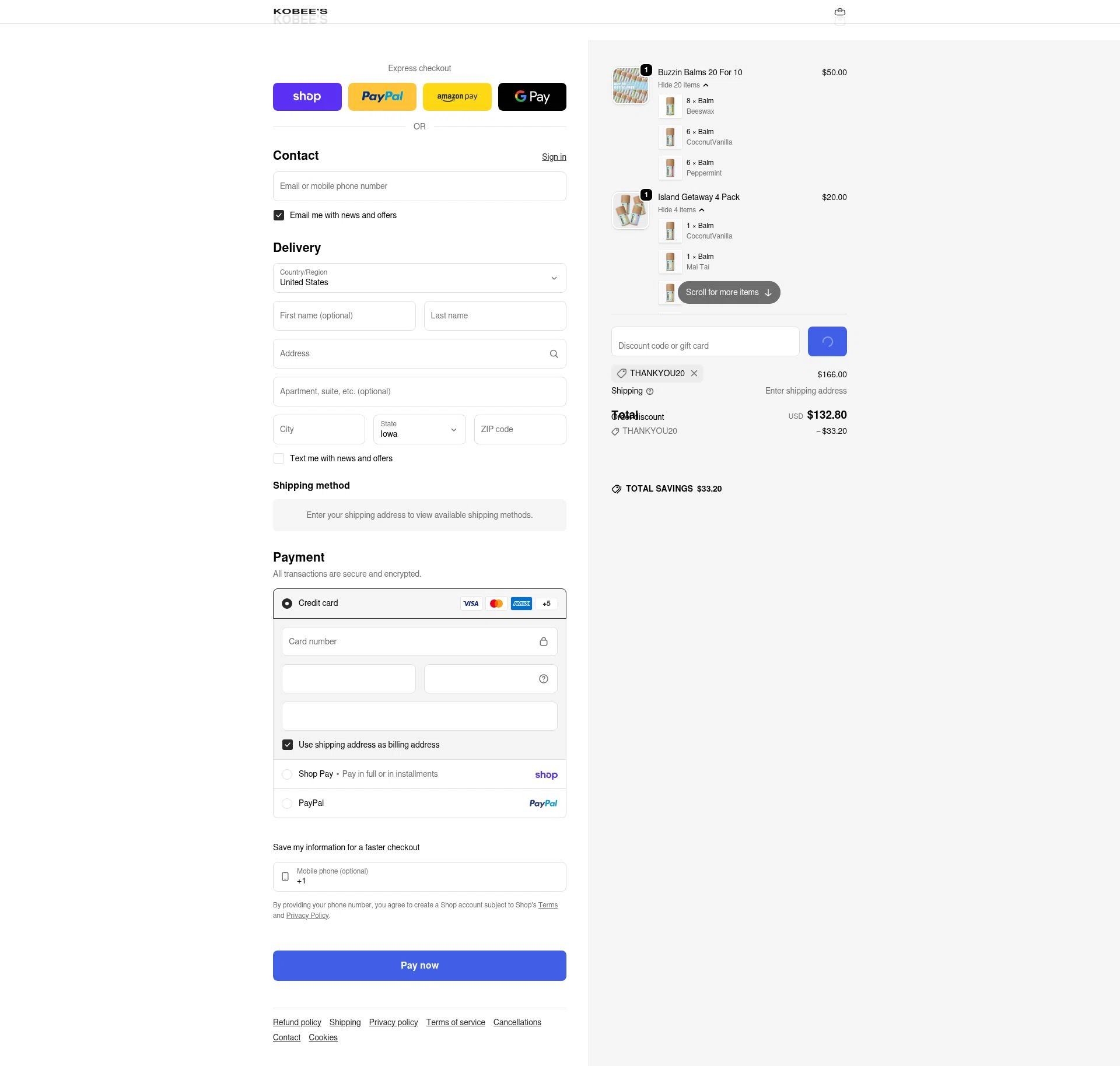 KOBEE'S checkout page showing KOBEE'S coupon code box | Screenshot taken by SimplyCodes community member on Feb 19, 2026