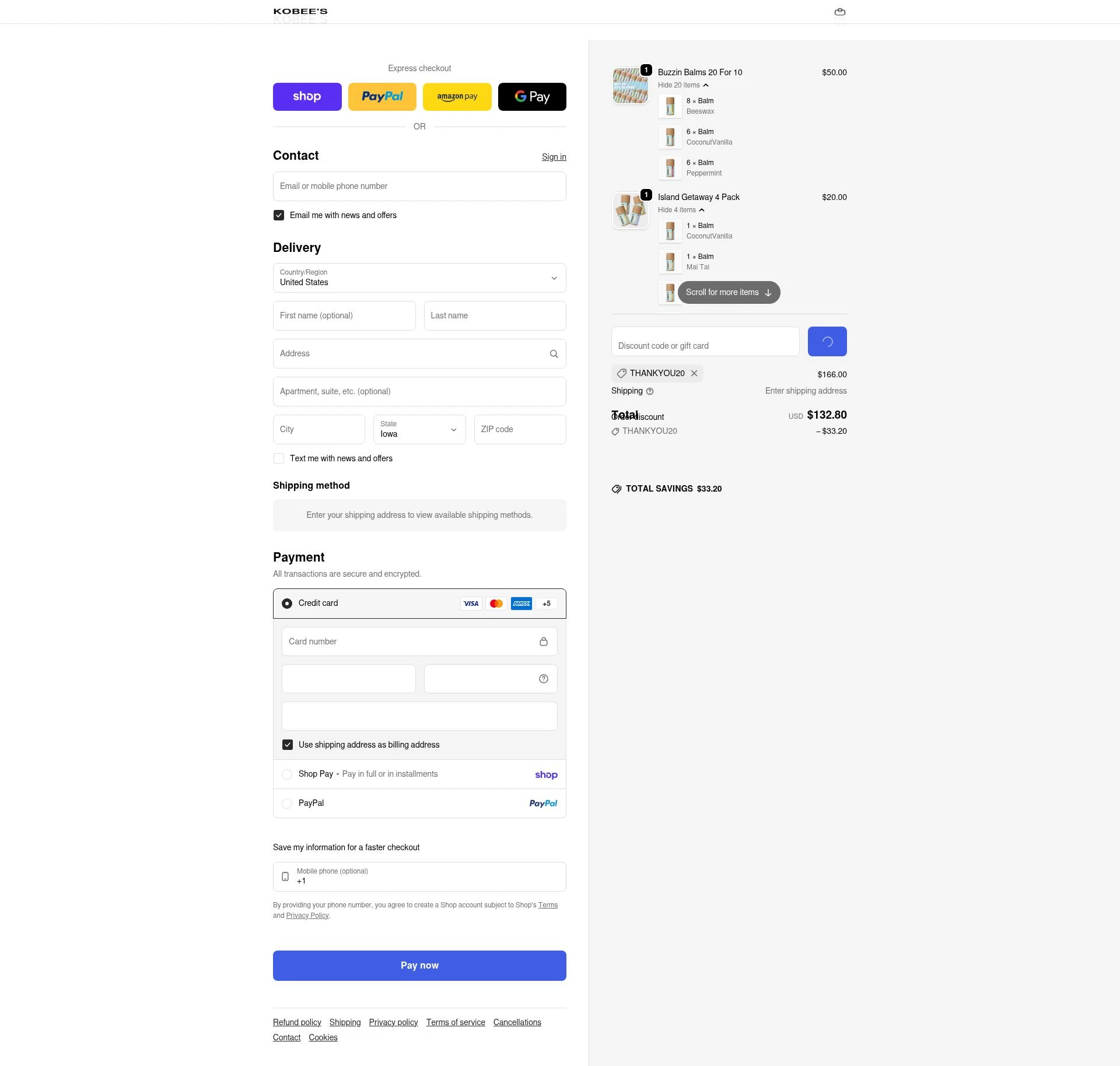 KOBEE'S checkout page showing KOBEE'S coupon code box | Screenshot taken by SimplyCodes community member on Feb 15, 2026