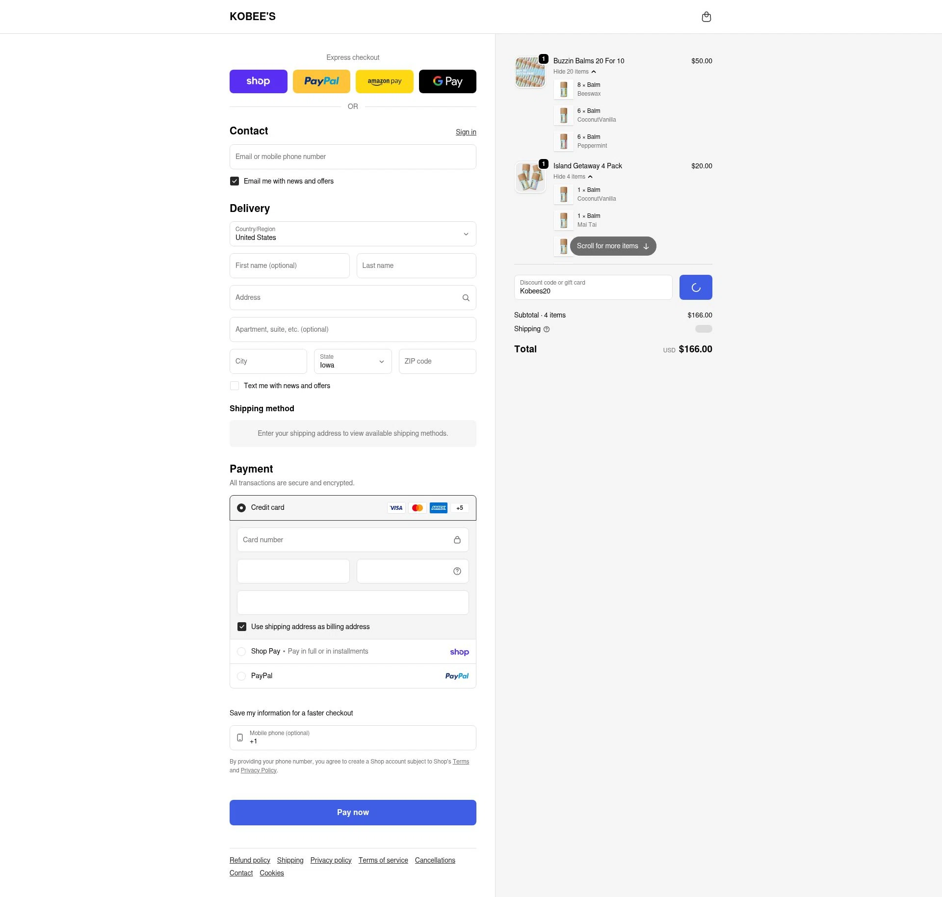 KOBEE'S checkout page showing KOBEE'S coupon code box | Screenshot taken by SimplyCodes community member on Feb 15, 2026