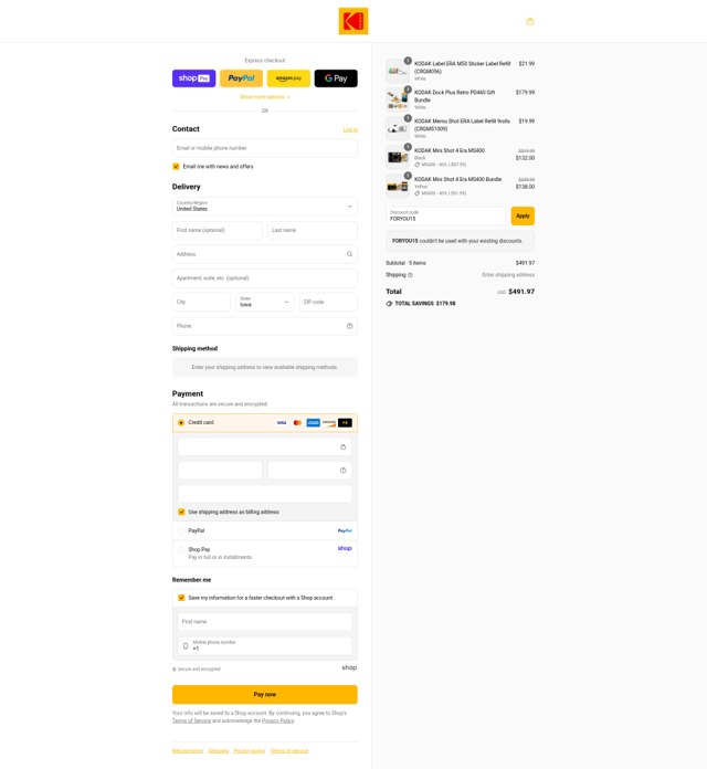 Kodak Photo Printer checkout page showing Kodak Photo Printer promo code box | Screenshot taken by SimplyCodes community member on Aug 16, 2025