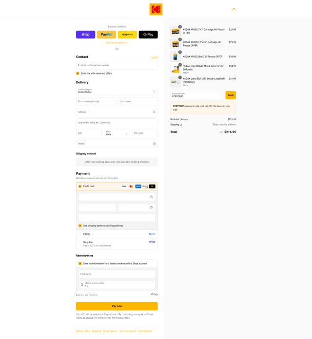 Kodak Photo Printer checkout page showing Kodak Photo Printer promo code box | Screenshot taken by SimplyCodes community member on Sep 3, 2025